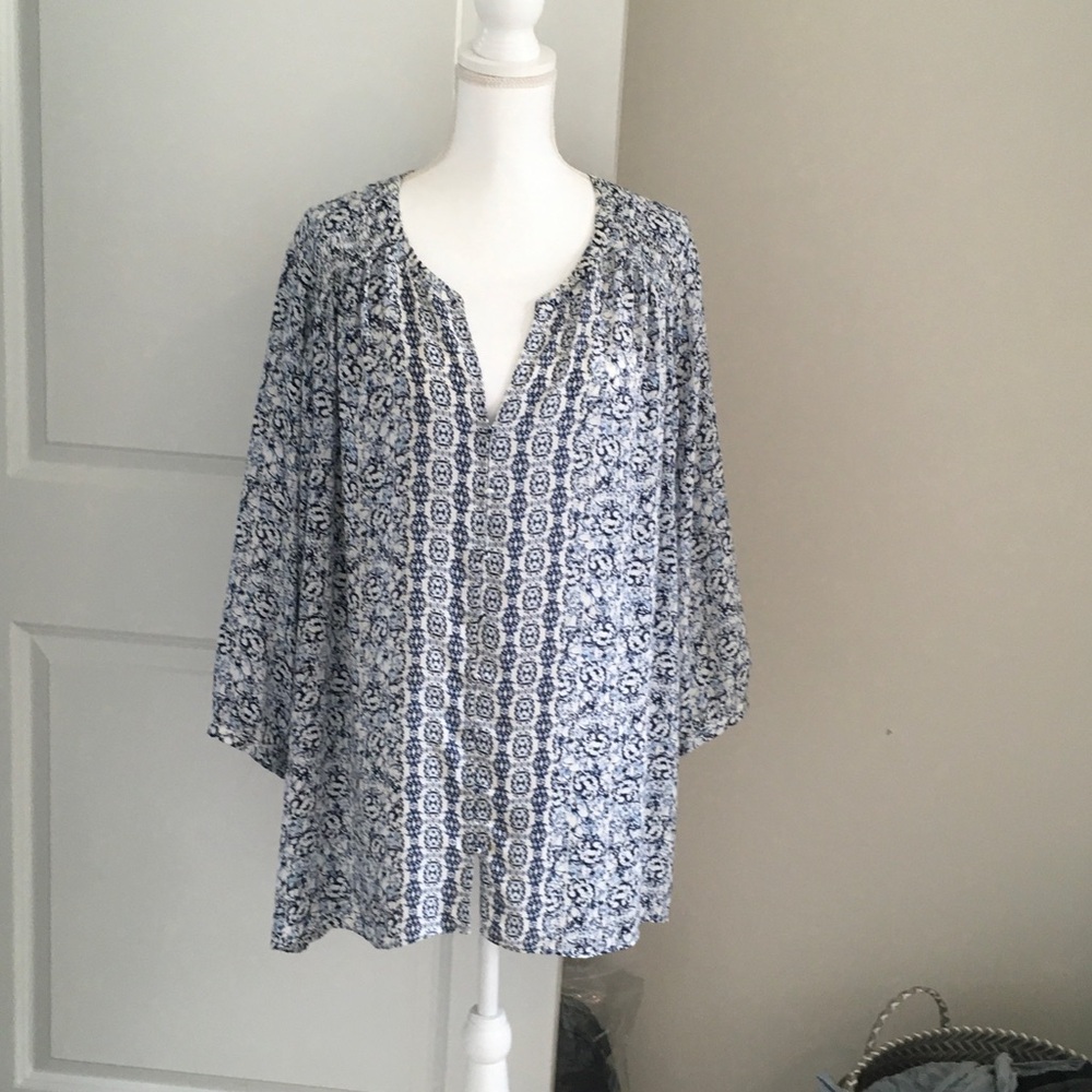 Rose & Olive Blue and White Printed Tunic Blouse